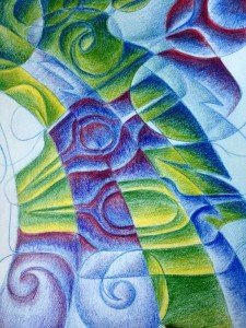 Contemporary Northwest Coast Tlingit-inspired crayon sketch by Clarissa Rizal 2012