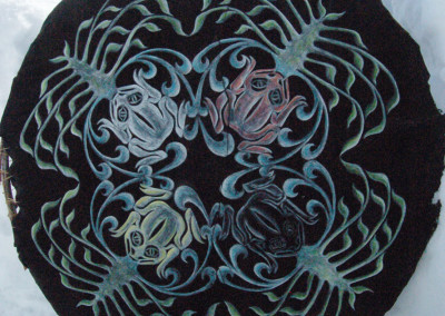 "Frog 4 Directions" Acrylic on Leather 48" circular willow frame ©2002 Clarissa Rizal