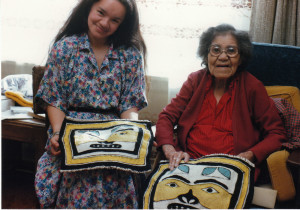 Clarissa and Jennie Thlunaut with their finished pair of leggings during the apprenticeship, Juneau, AK May 1986
